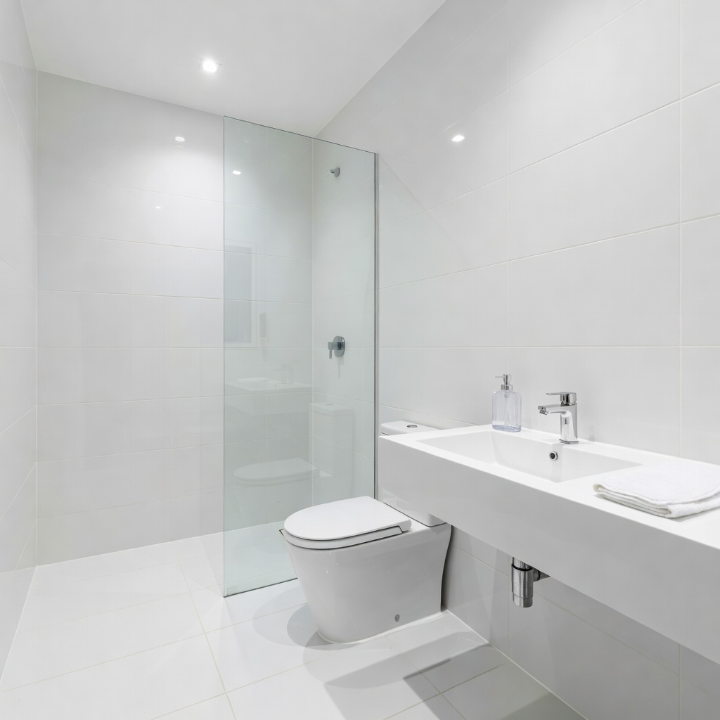 Sparkling clean and hygienic modern bathroom with bright white tiles